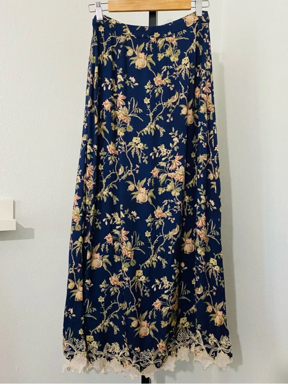 Mason’s Daughter Blue Pink Floral Lace Hem Maxi Skirt Small Cottagecore Prairie